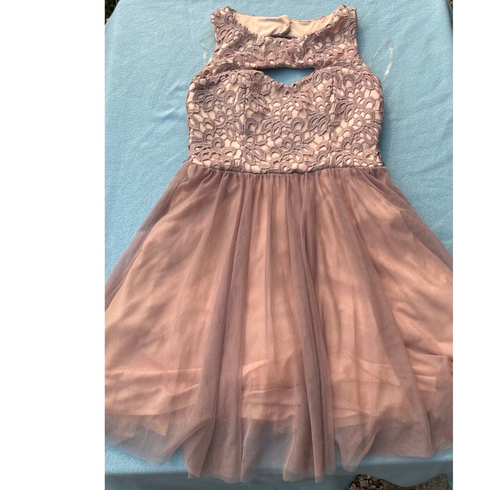 Coquette Juniors Sequin Hearts Lace Tulle Fit & Flare Dress 5 Mauve Pink